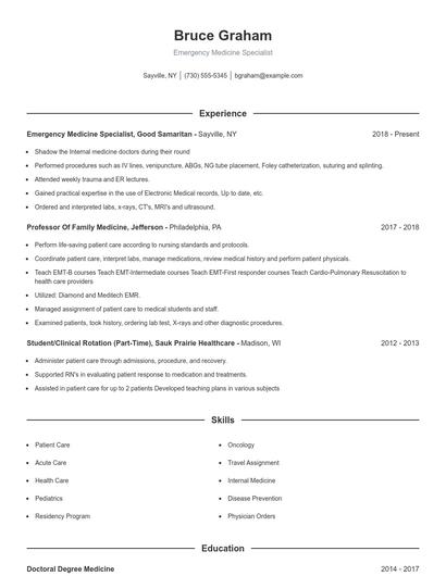Emergency Medicine Specialist Resume