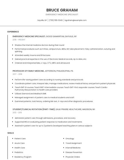 Emergency Medicine Specialist Resume