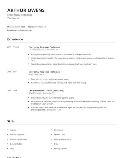 Emergency Response Technician Resume