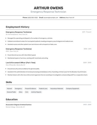 Emergency Response Technician Resume