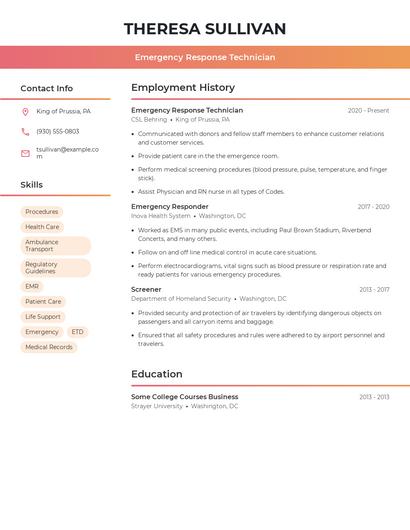 Emergency Response Technician Resume