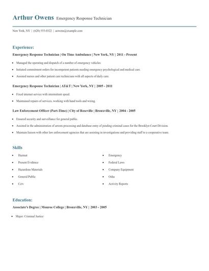 Emergency Response Technician Resume