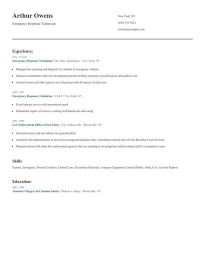 Emergency Response Technician Resume