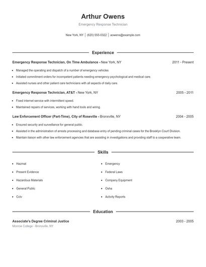 Emergency Response Technician Resume