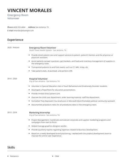 Emergency Room Volunteer Resume