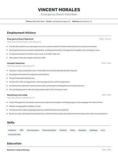 Emergency Room Volunteer Resume