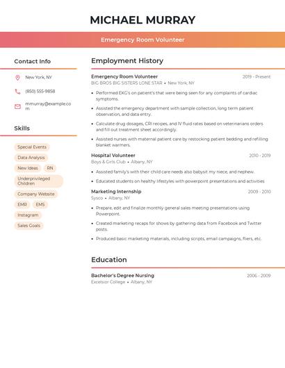 Emergency Room Volunteer Resume