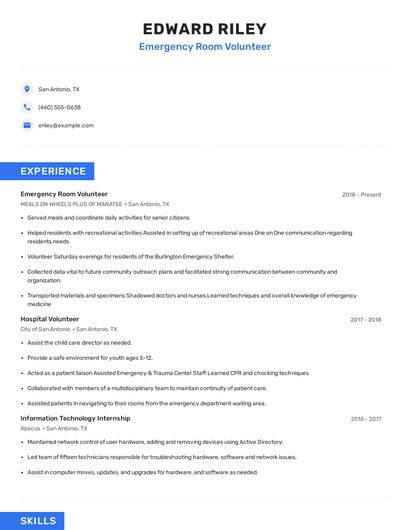 Emergency Room Volunteer Resume