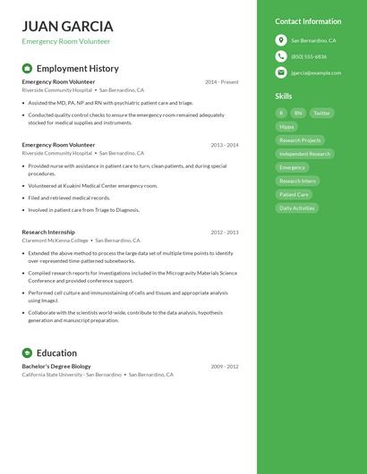 Emergency Room Volunteer Resume