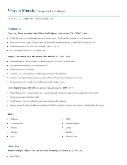 Emergency Room Volunteer Resume