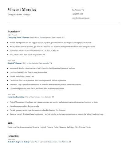 Emergency Room Volunteer Resume