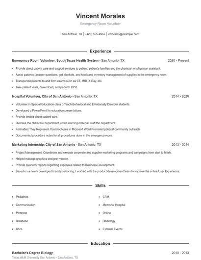 Emergency Room Volunteer Resume