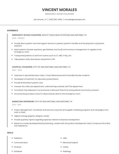 Emergency Room Volunteer Resume
