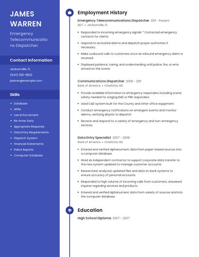 Emergency Telecommunications Dispatcher Resume
