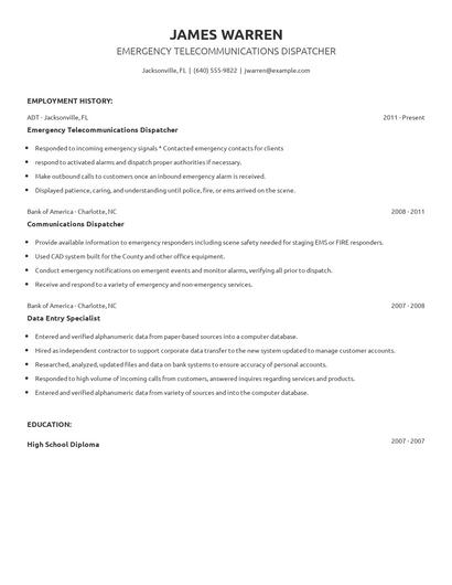 Emergency Telecommunications Dispatcher Resume