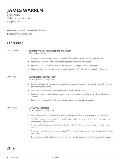 Emergency Telecommunications Dispatcher Resume