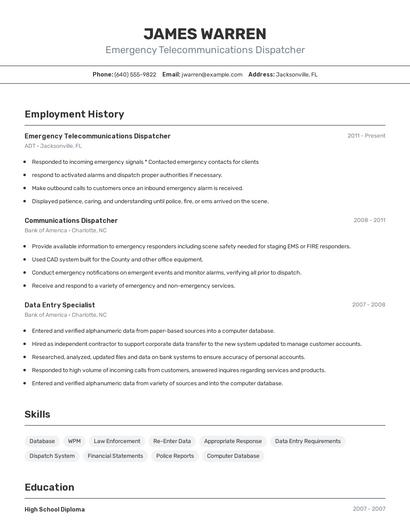 Emergency Telecommunications Dispatcher Resume