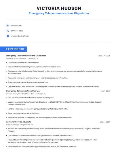 Emergency Telecommunications Dispatcher Resume