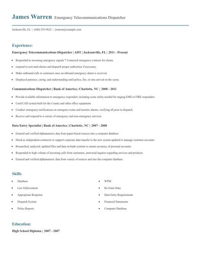 Emergency Telecommunications Dispatcher Resume