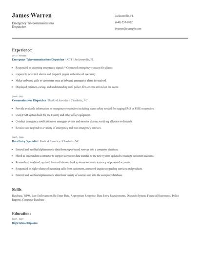Emergency Telecommunications Dispatcher Resume