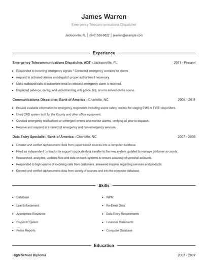 Emergency Telecommunications Dispatcher Resume