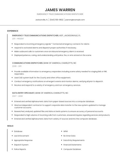 Emergency Telecommunications Dispatcher Resume