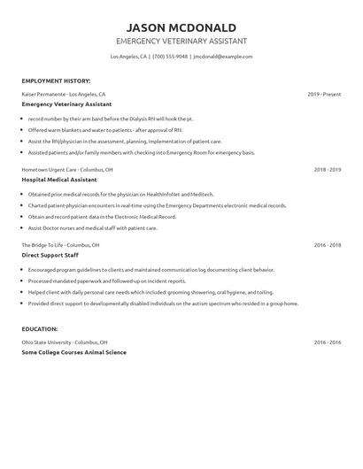 Emergency Veterinary Assistant Resume