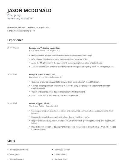 Emergency Veterinary Assistant Resume