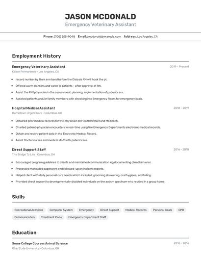 Emergency Veterinary Assistant Resume