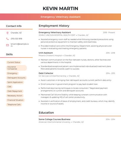 Emergency Veterinary Assistant Resume