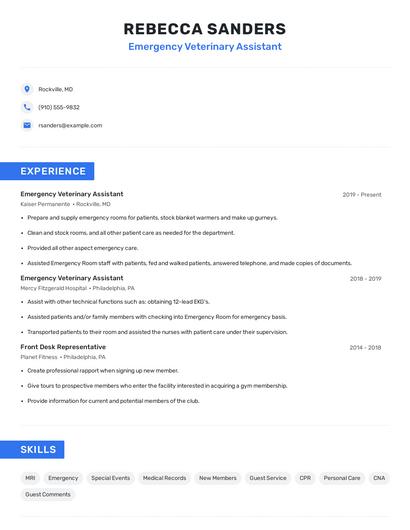 Emergency Veterinary Assistant Resume