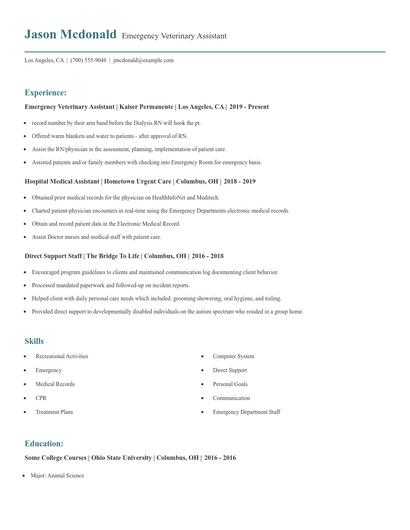 Emergency Veterinary Assistant Resume