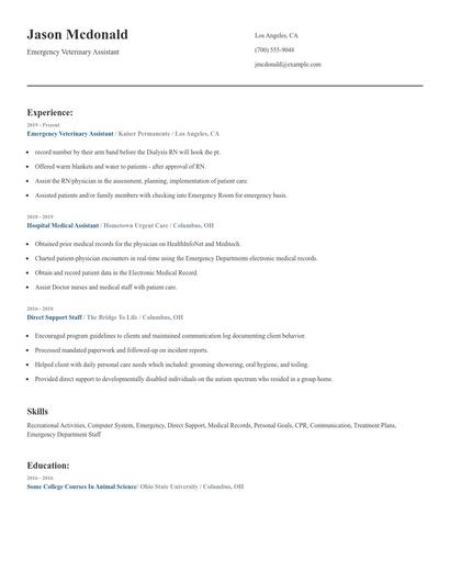 Emergency Veterinary Assistant Resume