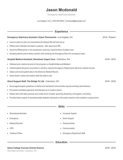 Emergency Veterinary Assistant Resume