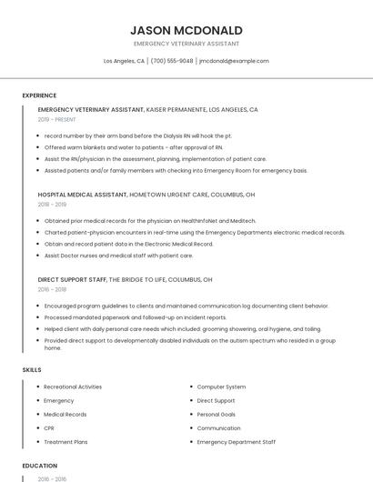 Emergency Veterinary Assistant Resume