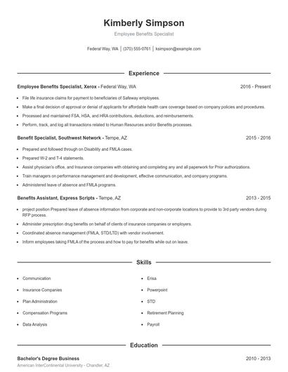 Employee Benefits Specialist Resume