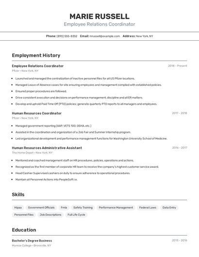 Employee Relations Coordinator Resume