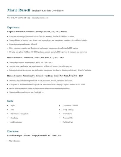Employee Relations Coordinator Resume