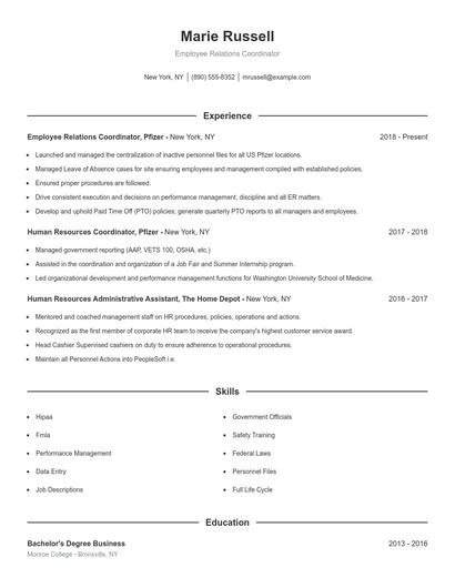 Employee Relations Coordinator Resume