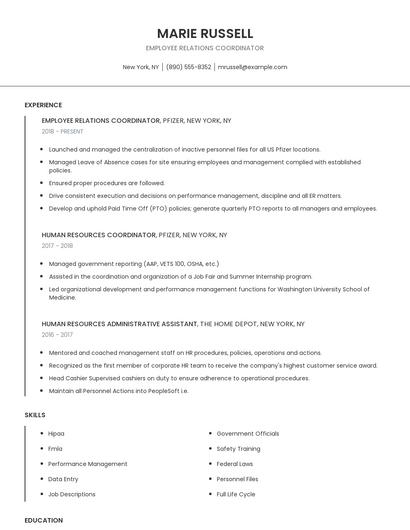 Employee Relations Coordinator Resume