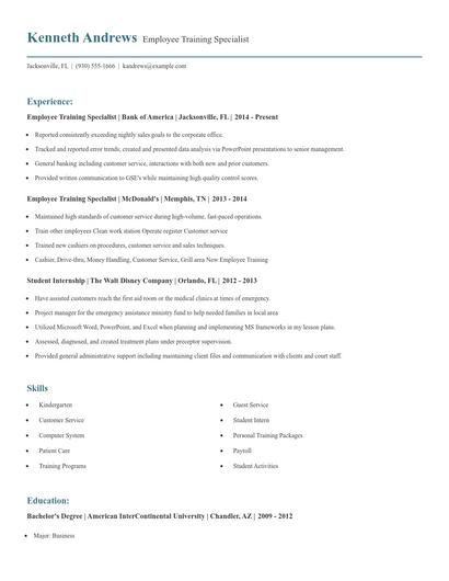 Employee Training Specialist Resume