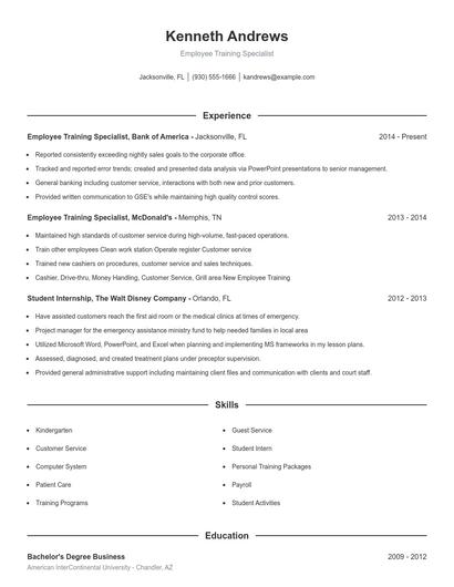 Employee Training Specialist Resume
