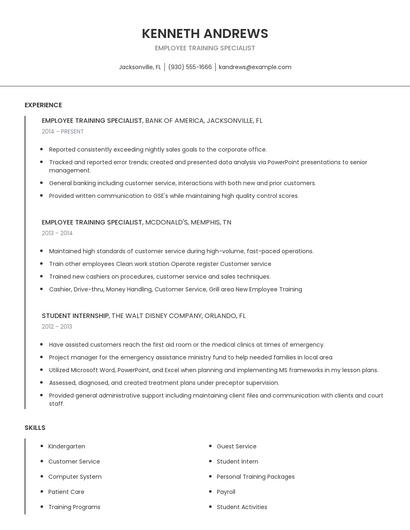 Employee Training Specialist Resume