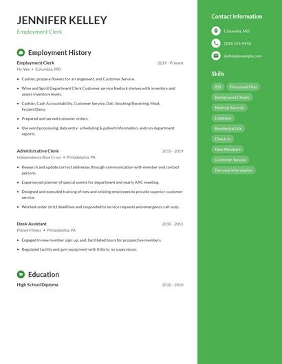 Employment Clerk Resume