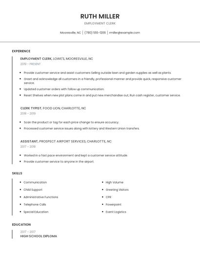 Employment Clerk Resume