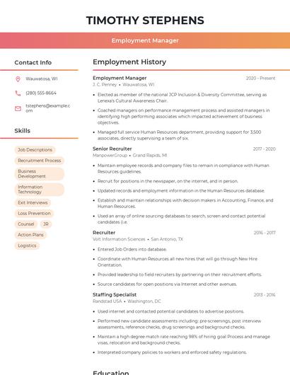 Employment Manager Resume