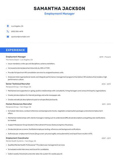 Employment Manager Resume