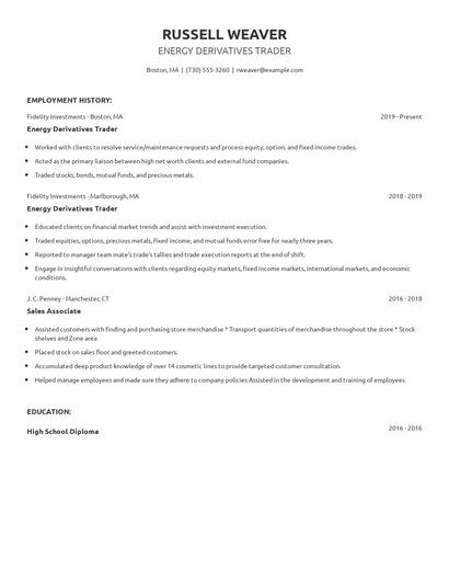 Energy Derivatives Trader Resume