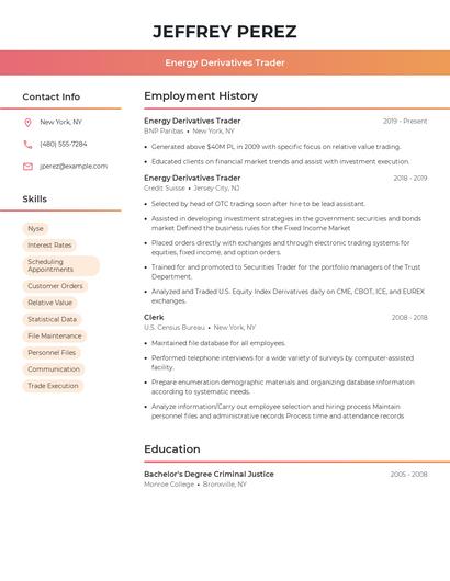 Energy Derivatives Trader Resume