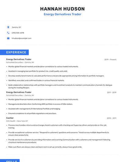 Energy Derivatives Trader Resume